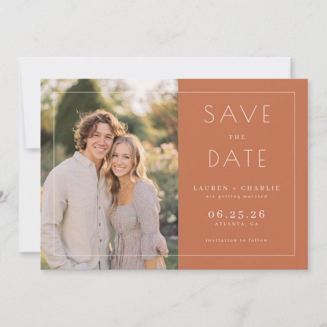 Warm Terracotta Minimalist Photo Save The Date (Front)