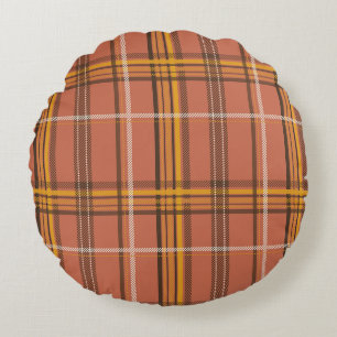 Warm Terracotta Mustard Plaid Aesthetic Round Cushion