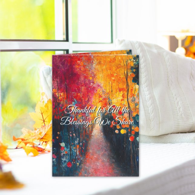 Warm Thanksgiving Wishes and Blessings Holiday Card (Vibrant autumn artwork with heartfelt words — a perfect card to share Thanksgiving blessings.)