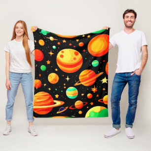 Warm-Toned Cosmic Cartoon Art Fleece Blanket