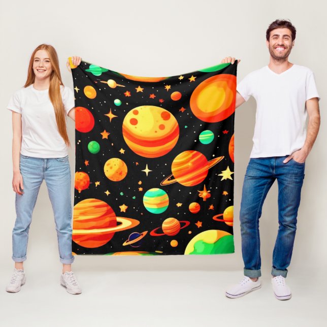 Warm-Toned Cosmic Cartoon Art Fleece Blanket (In Situ)