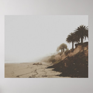 Warm Toned Foggy Beach with Palm Trees Poster