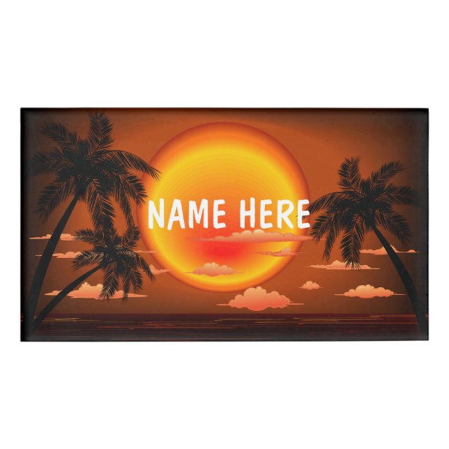 Warm Topical Sunset and Palm Trees Name Tag (Front)