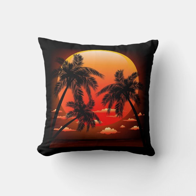 Warm Topical Sunset and Palm Trees Pillow (Front)