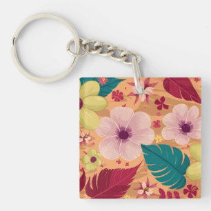 Warm Tropical Floral with Red and Green Leaves Key Ring