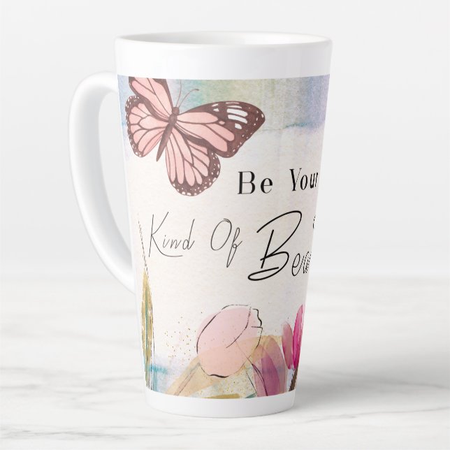 Warm Tulips and Butterfly Quote,Custom Monogram Latte Mug (Left Angle)