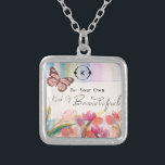 Warm Tulips and Butterfly Quote,Custom Monogram  Silver Plated Necklace<br><div class="desc">This warm, rich design features a paper textured backdrop with a painted field of tulips and a butterfly. The quote "Be Your Own Kind Of Beautiful" is written with an elegant calligraphy script. A leave wreath frames your own customised monogram initial. Makes a great gift and decorative addition for yourself....</div>
