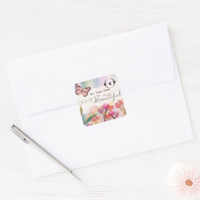 Warm Tulips and Butterfly Quote,Custom Monogram  Square Sticker (Envelope)