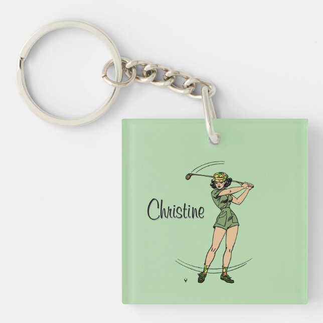 Warm Up for Golfing Personal Lady Golfer Green Key Ring (Front)