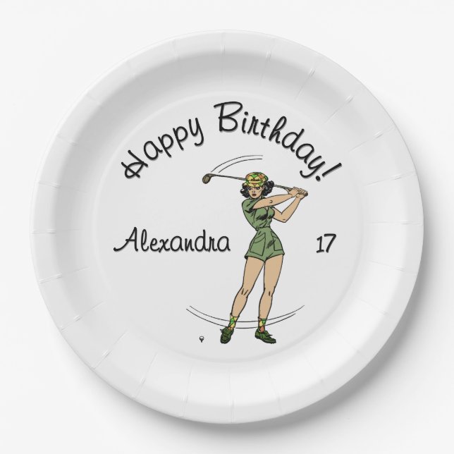 Warm Up Lady Golfer Happy Birthday Name Age Paper Plate (Front)