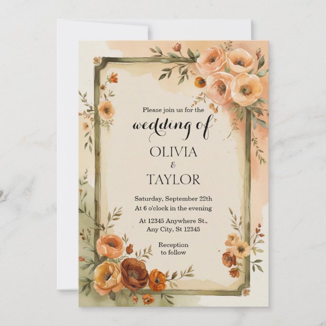 Warm Vintage Floral Wedding Invitation (Front)