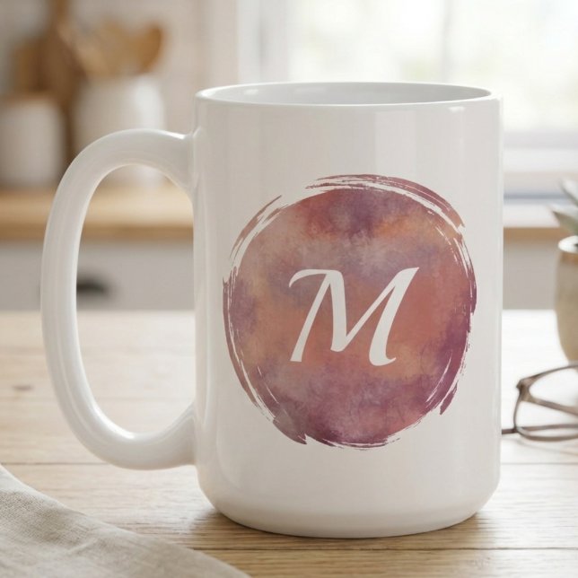 Warm Watercolor Brushstroke Monogram Coffee Mug (Elegant watercolor abstract in warm earth tones; a beautiful, thoughtful gift for her.)