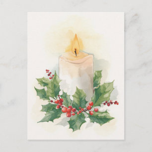 Warm Watercolor Candle and Holly Holiday Postcard