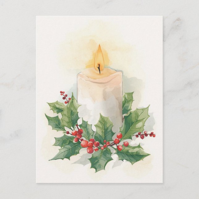 Warm Watercolor Candle and Holly Holiday Postcard (Front)