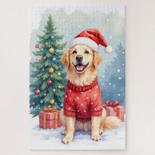Warm Watercolor Golden Retriever Christmas Tree Jigsaw Puzzle