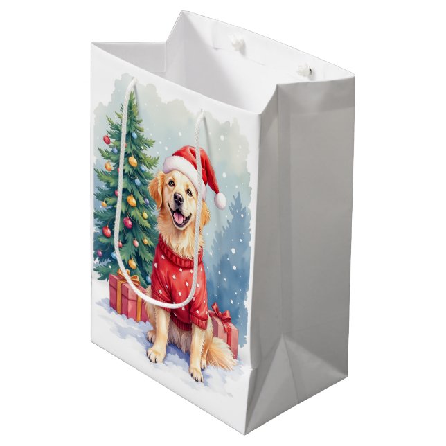 Warm Watercolor Golden Retriever Christmas Tree Medium Gift Bag (Front Angled)