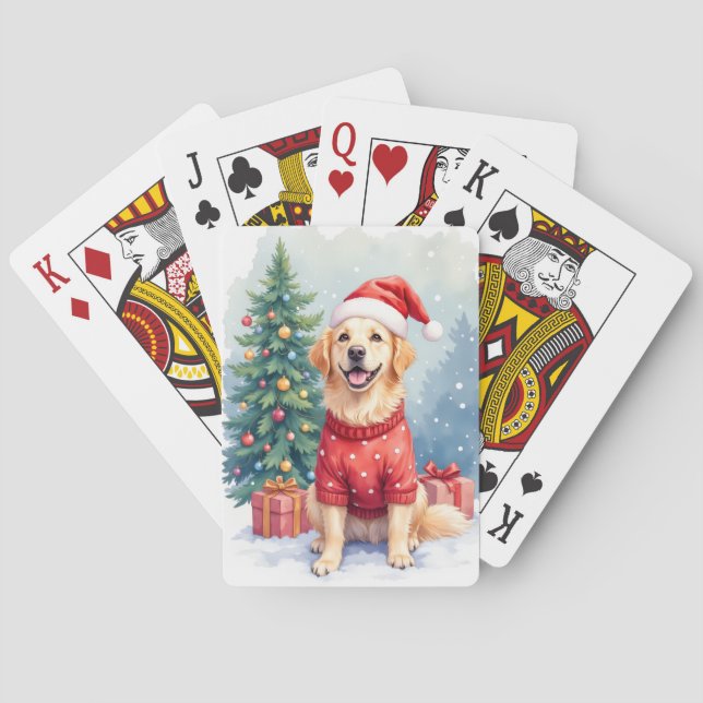Warm Watercolor Golden Retriever Christmas Tree Playing Cards (Back)