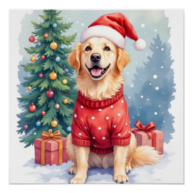 Warm Watercolor Golden Retriever Christmas Tree Poster (Front)
