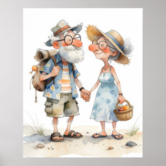 Warm Watercolor Senior Couple Illustration Poster