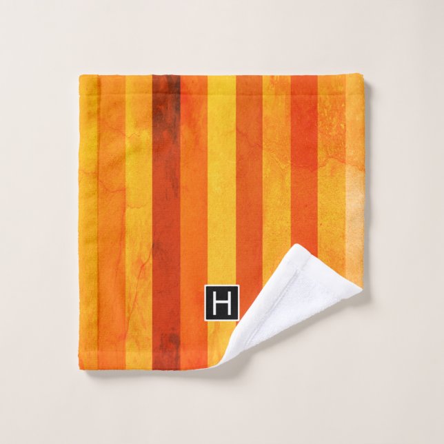 Warm Weathered Orange Red Stripes Monogram Bath Towel Set (Wash Cloth)