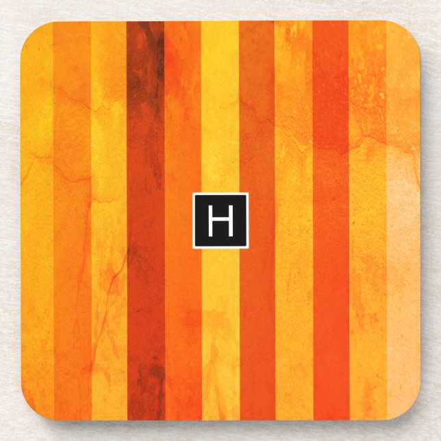 Warm Weathered Orange Red Stripes Monogram Coaster (Front)
