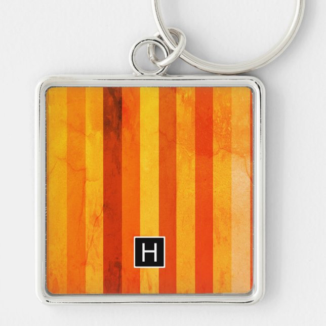 Warm Weathered Orange Red Stripes Monogram Key Ring (Front)