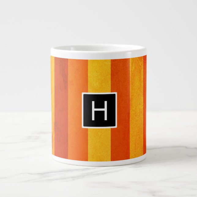 Warm Weathered Orange Red Stripes Monogram Large Coffee Mug (Front)