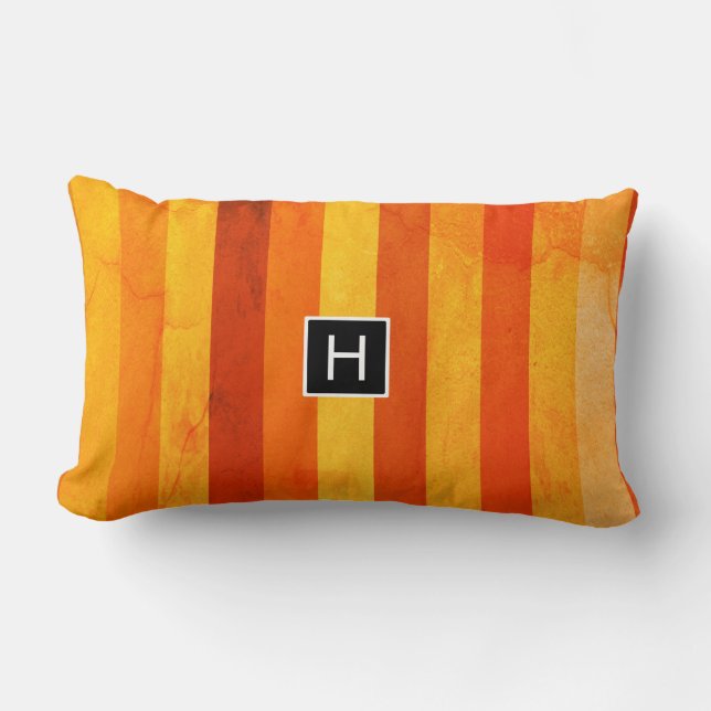 Warm Weathered Orange Red Stripes Monogram Lumbar Cushion (Front)