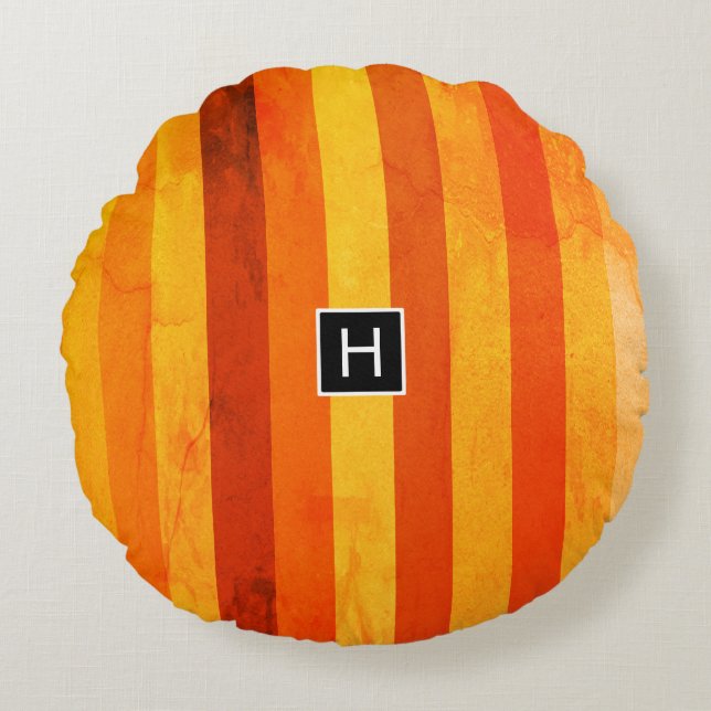 Warm Weathered Orange Red Stripes Monogram Round Cushion (Front)