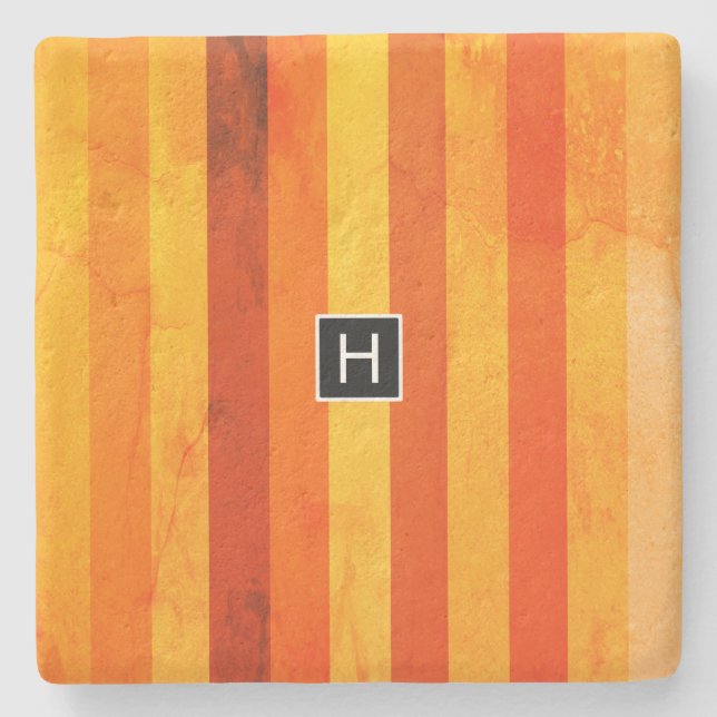 Warm Weathered Orange Red Stripes Monogram Stone Coaster (Front)
