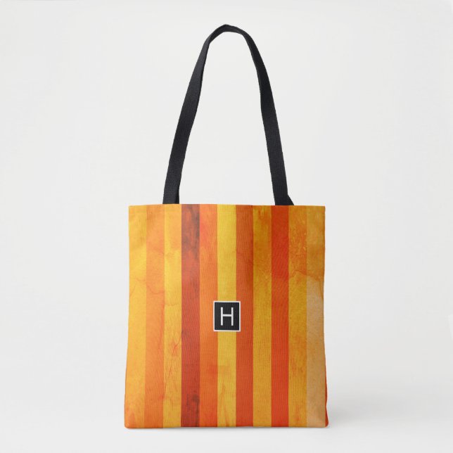 Warm Weathered Orange Red Stripes Monogram Tote Bag (Front)