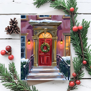 Warm Welcome Christmas Red Wreath Cosy Painting Holiday Postcard