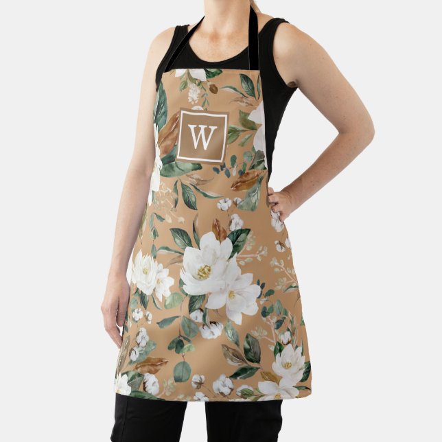 Warm White Floral Botanical Greenery Monogram Apron (Insitu)