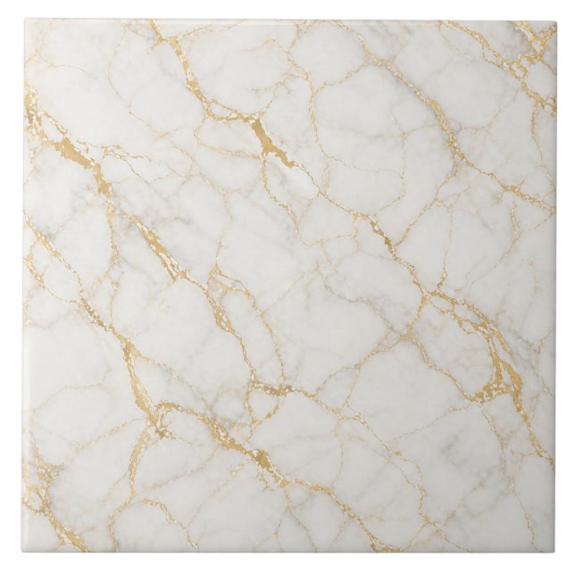 Warm White Marble Effect with Branching Gold Veins Tile (Front)