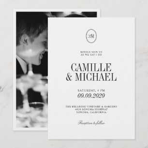 Warm White Soft Black Monogram Photo Wedding Invitation