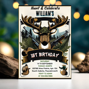 warm Wild Camo Oh Deer Duck hunting 1st birthday Invitation