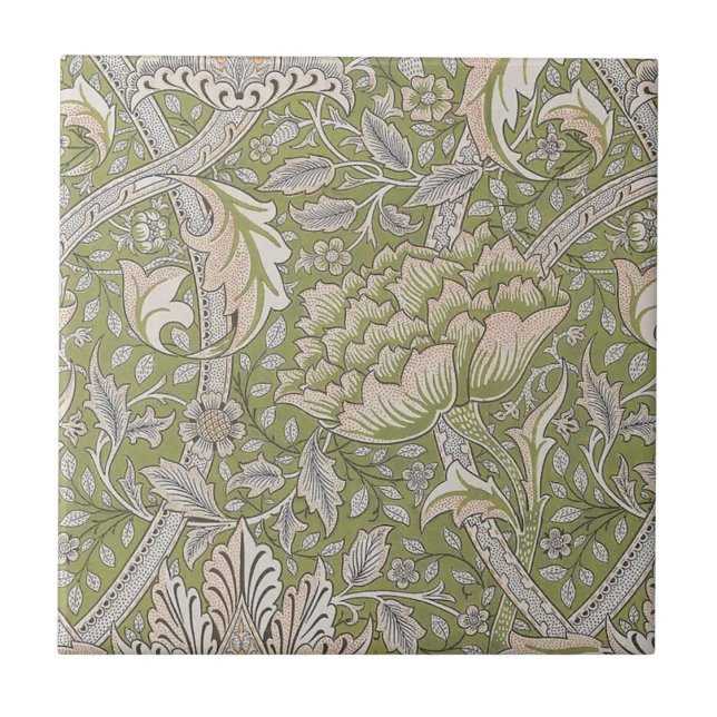 Warm Windrush Floral Flowers Olive Green Pink Grey Tile (Front)