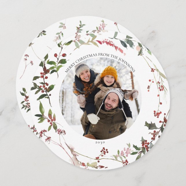 Warm Winter Berry Wreath Photo Holiday Card (Front/Back)