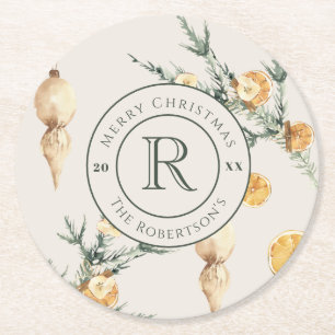 Warm Winter Charm: Chic Watercolor Monogrammed Round Paper Coaster