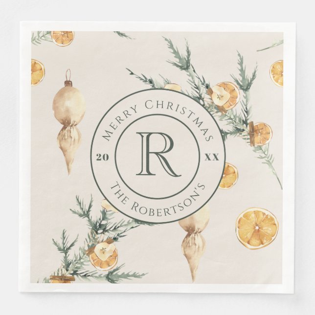 Warm Winter Elegance: Watercolor Monogrammed Napkin (Front)