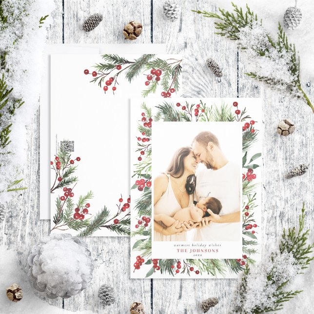 Warm Winter Pine Berry Natural Botanicals Photo Ho Holiday Card (Creator Uploaded)