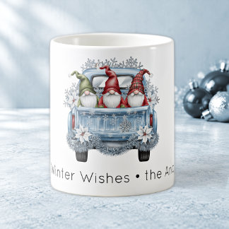 Warm Winter Wishes Blue Vintage Truck Cute Gnomes Coffee Mug