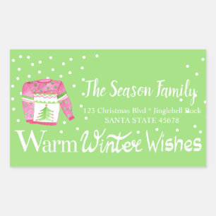 Warm Winter Wishes Christmas Sweater address Rectangular Sticker