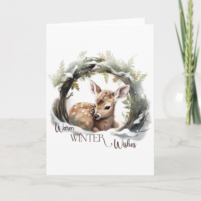 Warm Winter Wishes Holiday Deer BLANK  Card (Front)