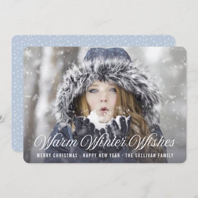 Warm Winter Wishes | Modern Script Holiday Photo (Front/Back)