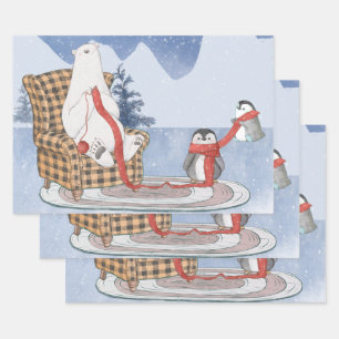 Warm Winter Wishes Polar Bear Knitting Red Scarf   Wrapping Paper Sheet