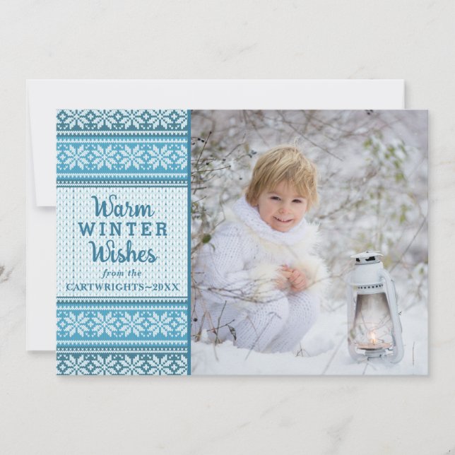 Warm Winter Wishes Snowflake Sweater Photo Blue Holiday Card (Front)