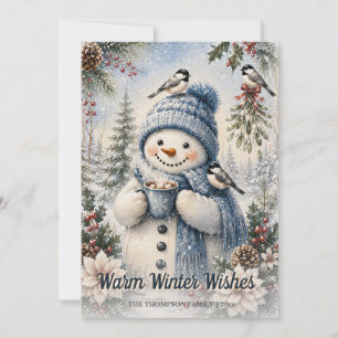 Warm Winter Wishes Snowman Hot Cocoa Watercolor Holiday Card