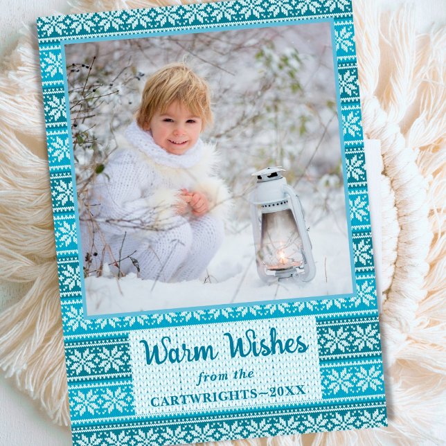 Warm Wishes Blue Nordic Snowflake Sweater Photo Holiday Card (Creator Uploaded)