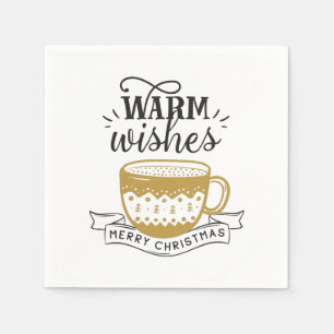 Warm Wishes Cup Hot Coffee Cocoa Xmas Gold Black Napkin